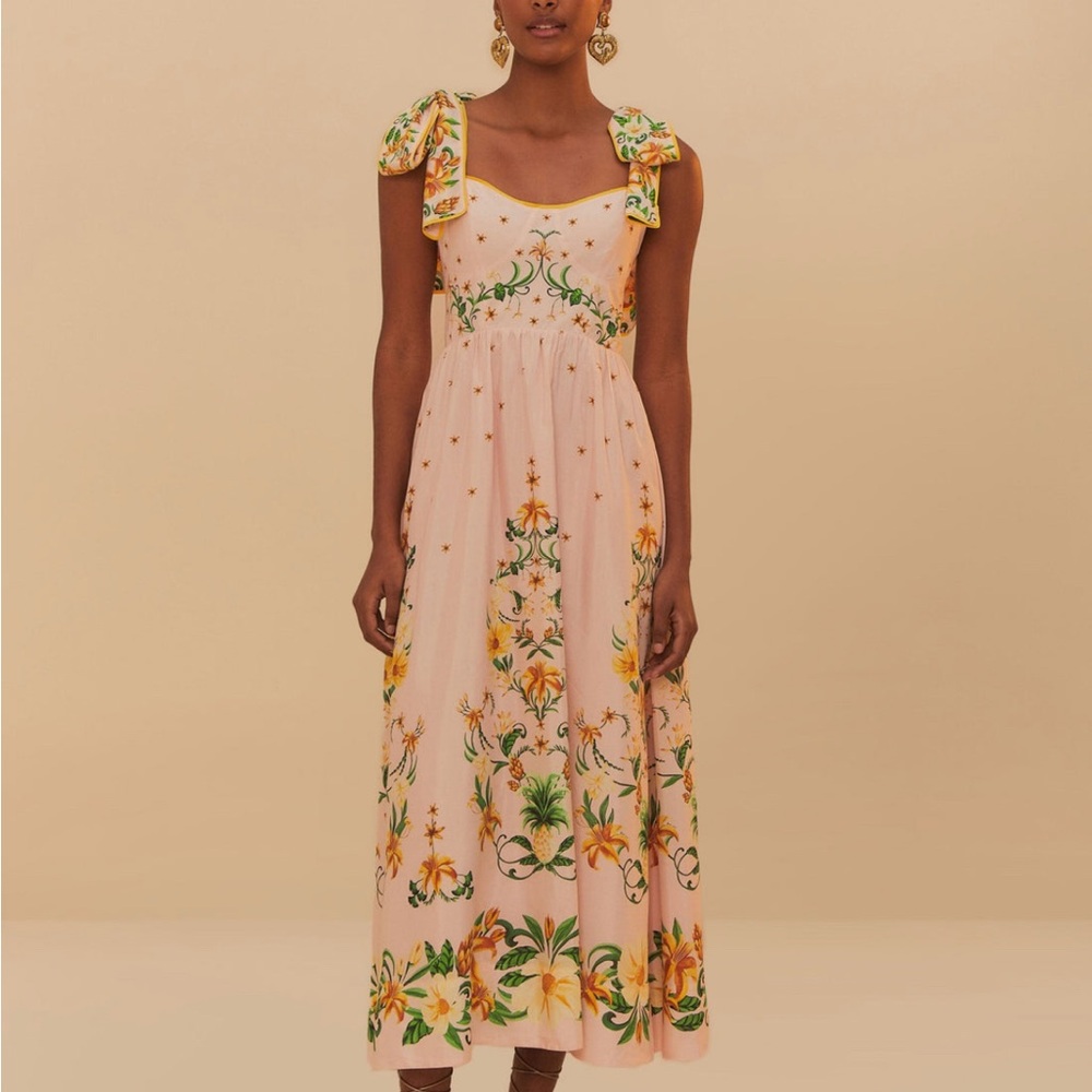 FARM Rio Pink Midi Sundress with Sweetheart Neckline